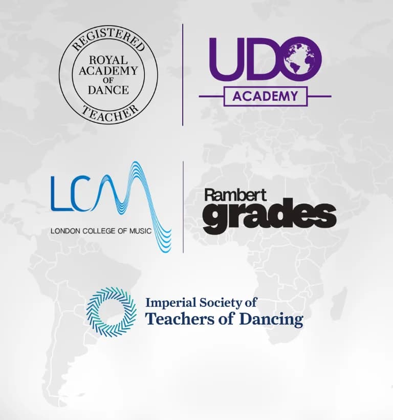 Akademimizde uygulanan uluslararası sertifika kurumlarının logoları: RAD, UDO Academy, London College of Music, Rambert Grades ve ISTD